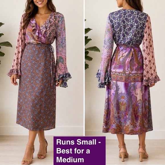 Plenty by Tracy Reese Dresses & Skirts - PLENTY by Tracy Reese Vtg Silk Wrap Midi Dress 12 Purple Satin Paisley Floral